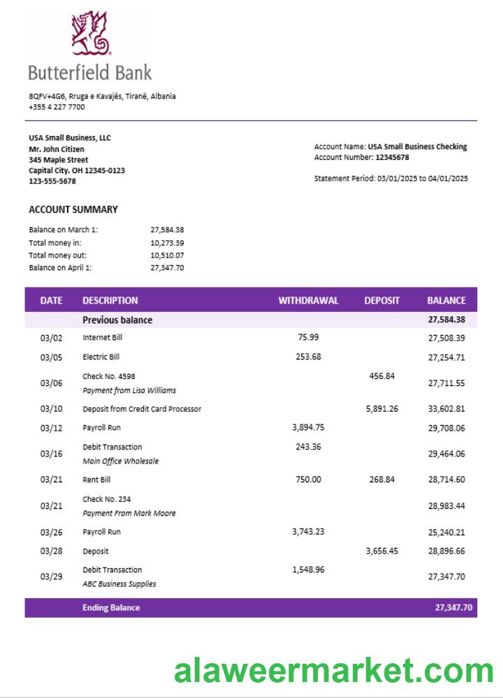 Butterfield bank organization checking account statement Word and PDF format